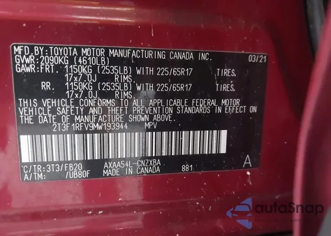 2021 Toyota Rav4 Le из США, поврежденный, VIN 2T3F1RFV9MW193944